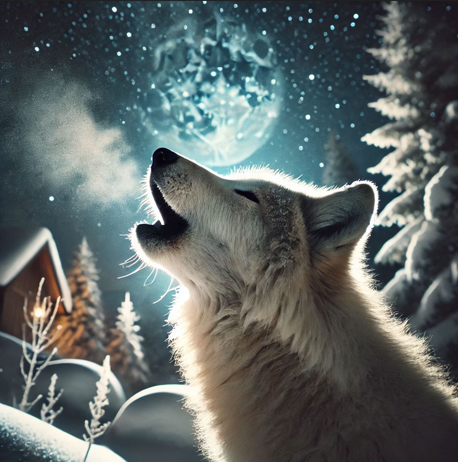 Wolf heult den Mond an